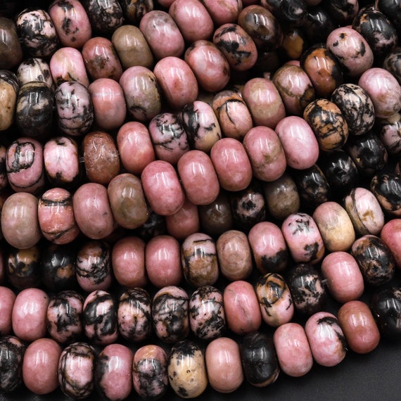 Natural Pink Rhodonite Beads 6mm 8mm Smooth Rondelle Earthy Pink Interesting Black Matrix Beads 15.5" Strand