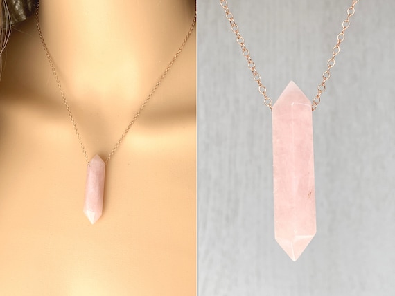 Rose Quartz Necklace, Raw Rose Quartz Crystal Pendant Necklace Sterling Silver, Pink Gemstone Jewelry, Big Pink Stone Necklace Gold Filled