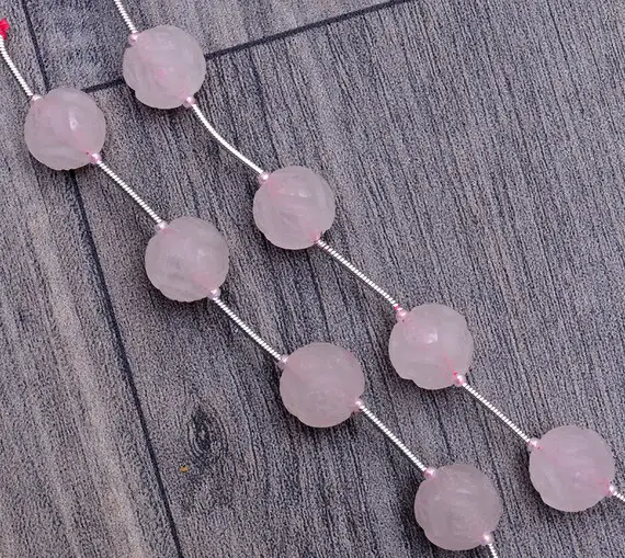 Rose Quartz Gemstone Carving Frosted Beads | 4 Beads Strand | Rose Quartz Semi Precious Gemstone Carving 12mm Round Loose Beads For Jewelry