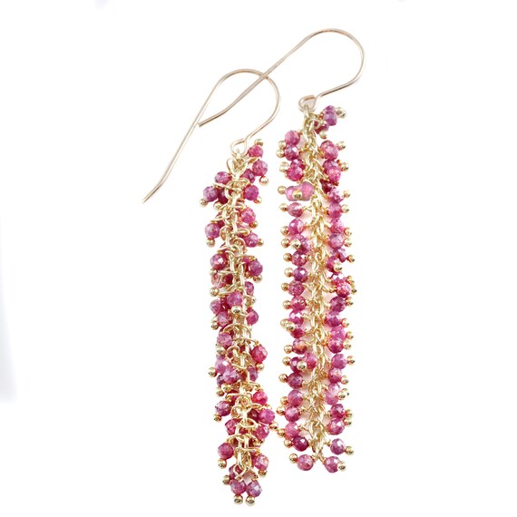 Red Ruby Earrings Long Dangle Clusters 2.6 Inches Chandelier Style Natural Gemstones Spyglass Designs Sterling Silver 14k Solid Gold