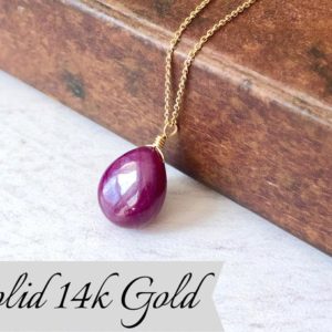 Shop Ruby Pendants! Ruby Necklace, July Birthstone, Red Ruby Teardrop Pendant, Solid 14k Gold, Real Gold Jewelry, Fuchsia Burgundy Smooth Drop, Gift for her | Natural genuine Ruby pendants. Buy crystal jewelry, handmade handcrafted artisan jewelry for women.  Unique handmade gift ideas. #jewelry #beadedpendants #beadedjewelry #gift #shopping #handmadejewelry #fashion #style #product #pendants #affiliate #ad