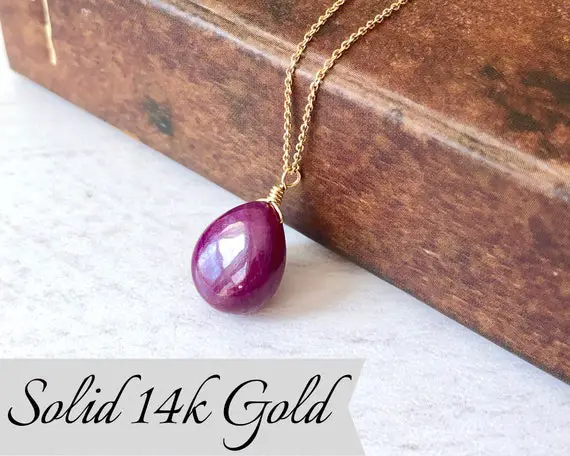 Ruby Necklace, July Birthstone, Red Ruby Teardrop Pendant, Solid 14k Gold, Real Gold Jewelry, Fuchsia Burgundy Smooth Drop, Gift For Her