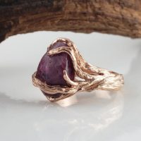 Raw Ruby Leaf And Twig Engagement Ring In 14k Rose Gold, Anniversary Ring, Hand Sculpted By Dv Jewelry Designs | Natural genuine Gemstone jewelry. Buy handcrafted artisan wedding jewelry.  Unique handmade bridal jewelry gift ideas. #jewelry #beadedjewelry #gift #crystaljewelry #shopping #handmadejewelry #wedding #bridal #jewelry #affiliate #ad