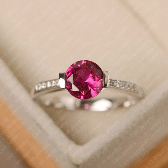 Red Ruby Ring, Round Cut, July Birthstone Ring, Sterling Silver, Engagement Ring For Women