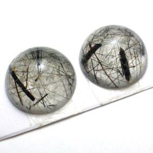 Black Rutilated Quartz Cabochon 16mm Round Pair Set Two Domed Rutile 3D Hand Cut Shape Clear Crystal Inclusion Unique Unusual Ring Stone | Natural genuine stones & crystals in various shapes & sizes. Buy raw cut, tumbled, or polished gemstones for making jewelry or crystal healing energy vibration raising reiki stones. #crystals #gemstones #crystalhealing #crystalsandgemstones #energyhealing #affiliate #ad