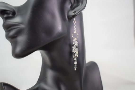 Black Rutile Quartz Three Strand Drop Earrings - Long Beaded Drop Earrings - Sterling Silver