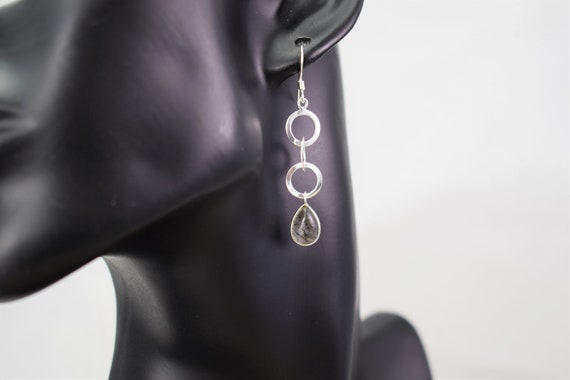 Black Rutile Quartz  Triple Ring Drop Earrings - 9x6 Mm Pear / Teardrop Stones - Sterling Silver