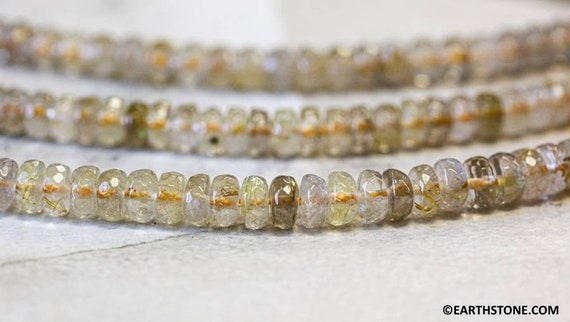 M/ Rutilated Quartz 8mm Faceted Rondelle Beads 15.5" Strand Natural Gold Yellow Rutilated Quartz Gemstone Beads For Jewelry Making