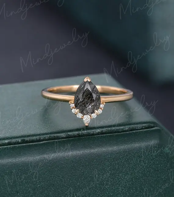 Pear Shaped Black Rutilated Quartz Engagement Ring Unique Moissanite Engagement Ring Vintage Rose Gold Bridal Promise Anniversary Gift