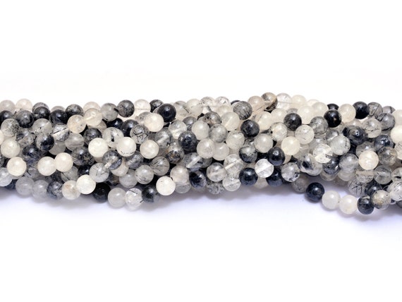 Black Rutilated Quartz 7mm-8mm Round Smooth Beads | Natural Black Rutile Semi Precious Gemstone Round Beads For Jewelry Making | 16" Strand