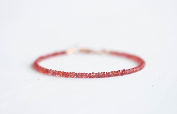 Padparadscha Sapphire Bracelet With Rose Gold Fill Or Sterling Silver, Dainty Beaded Red Pink Orange Sapphire Jewelry