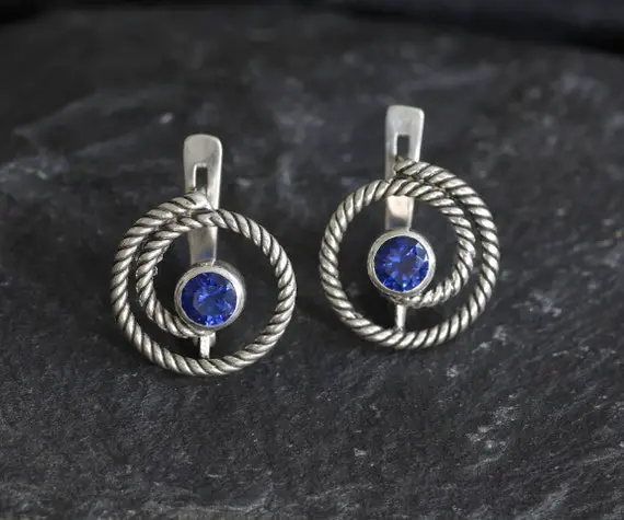 Sapphire Earrings, Created Sapphire, Swirl Studs, Vintage Earrings, Spiral Studs, Blue Round Studs, Dainty Earrings, Solid Silver Earrings