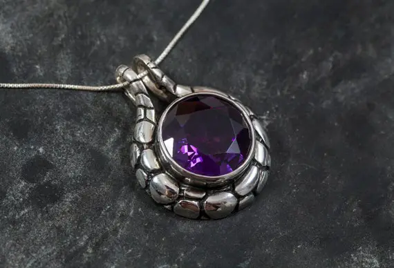 Large Purple Necklace, Created Violet Sapphire, Purple Sapphire Pendant, Heavy Pendant, Statement Necklace, Big Chunky Pendant, Solid Silver