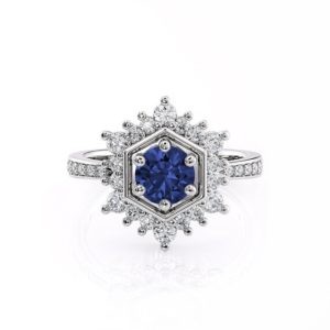 Shop Unique Sapphire Engagement Rings! Ceylon Sapphire Engagement Ring with Hexagon Halo | Low Profile Ballerina Ring | Art Deco Vintage Inspired Ring | Platinum, White Gold | Natural genuine Sapphire rings, simple unique alternative gemstone engagement rings. #rings #jewelry #bridal #wedding #jewelryaccessories #engagementrings #weddingideas #affiliate #ad