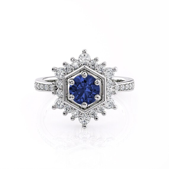 Ceylon Sapphire Engagement Ring With Hexagon Halo | Low Profile Ballerina Ring | Art Deco Vintage Inspired Ring | Platinum, White Gold