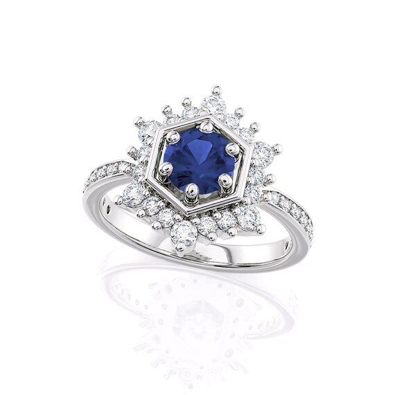 Ceylon Sapphire Engagement Ring With Hexagon Halo | Low Profile Ballerina Ring | Art Deco Vintage Inspired Ring | Platinum, White Gold