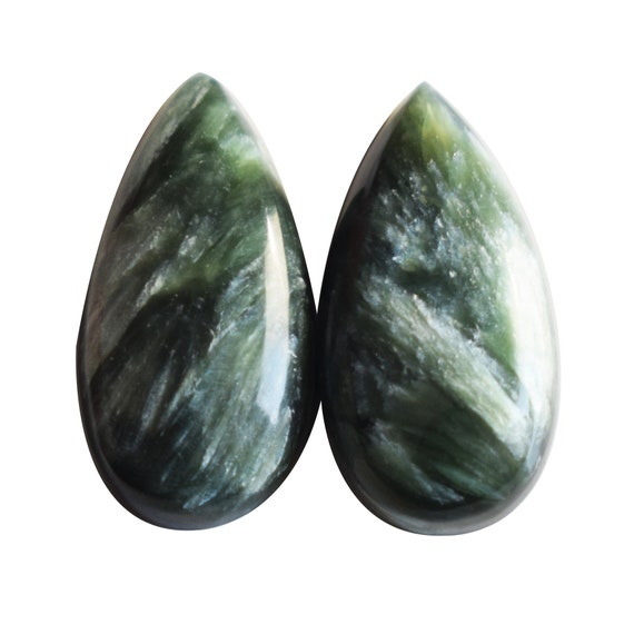 Natural Green Seraphinite Pair Gemstone Cabochon, Designer Healing Seraphinite Crystal, Loose Seraphinite Matched Earring Pair For Jewelry