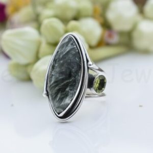Shop Seraphinite Rings! Seraphinite Stone Ring, Sterling Silver Ring, Marquise Stone Ring, Statement Ring, Cabochon Gemstone, Silver Band Ring, Natural Gemstone | Natural genuine Seraphinite rings, simple unique handcrafted gemstone rings. #rings #jewelry #shopping #gift #handmade #fashion #style #affiliate #ad