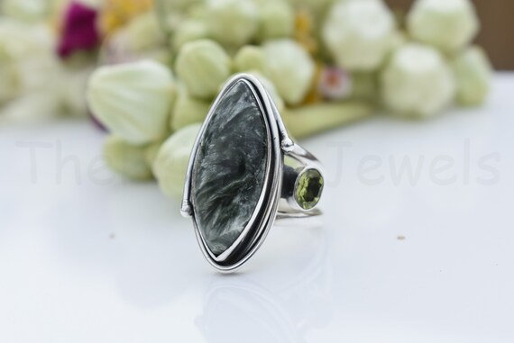 Seraphinite Stone Ring, Sterling Silver Ring, Marquise Stone Ring, Statement Ring, Cabochon Gemstone, Silver Band Ring, Natural Gemstone