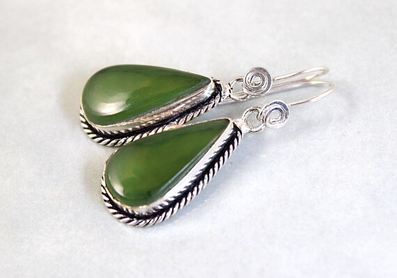 Bottle Green Serpentine Earrings, Sterling Silver Earhooks, Green Stone Earrings, One-of-a-kind Dangle Earrings, Green Jade Serpentine, Zen