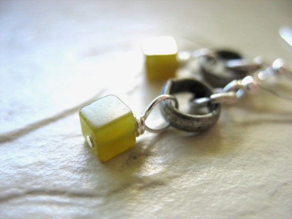 Serpentine Earrings, Lime Green Serpentine Stone Earrings, Handmade Metalwork Stone Earrings