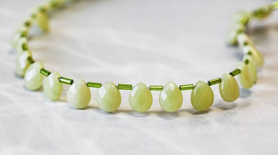 S-m/ Olive Jade 8x10mm Flat Pear Briolette Beads 16" Strand Natural Lime Green Serpentine Gemstone Small Pear  For Crafts For Jewelry Making
