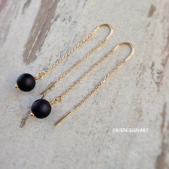 Shungite Earrings Black Rose Gold Threader Thread Healing Long Stone Emf Protection Jewelry Earrings