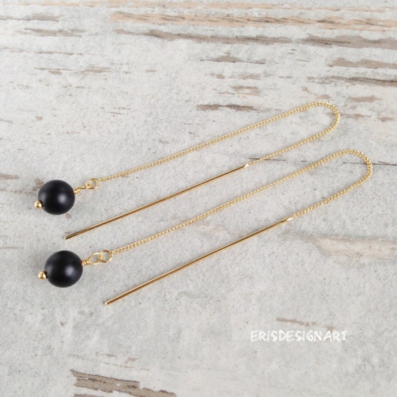 Shungite Threader Earrings Black Long Emf Protection Thread Small Gift Gifts Jewelry Threader Earrings