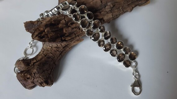 Handmade Large Smoky Quartz Bracelet With Faceted Genuine Stones & Sterling Silver - Adjustable Size