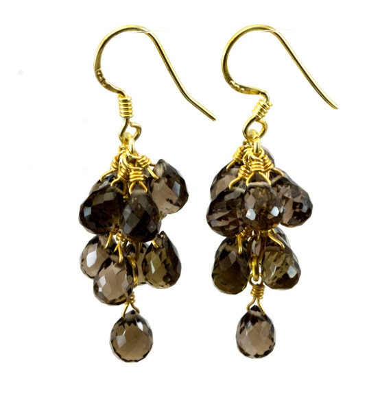 Smoky Quartz Earrings Cluster Style 14k Solid Gold Or Filled Micro Faceted Multiple Briolettes Chandelier Natural Smokey  Grey 1 1/2 Inches