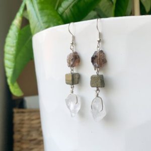 Shop Smoky Quartz Earrings! Protection Earrings, Crystal Gift for Friend, Empath Earrings, Healing Stone Earrings, Smoky Quartz Pyrite Clear Quartz Dangle Drop Earrings | Natural genuine Smoky Quartz earrings. Buy crystal jewelry, handmade handcrafted artisan jewelry for women.  Unique handmade gift ideas. #jewelry #beadedearrings #beadedjewelry #gift #shopping #handmadejewelry #fashion #style #product #earrings #affiliate #ad