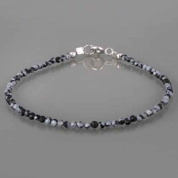 Snowflake Obsidian Beads Bracelet, Gemstone Jewelry, Stone Beads Bracelet, Obsidian Gems Bracelet, Silver Bracelet, Woman Gift For Her.