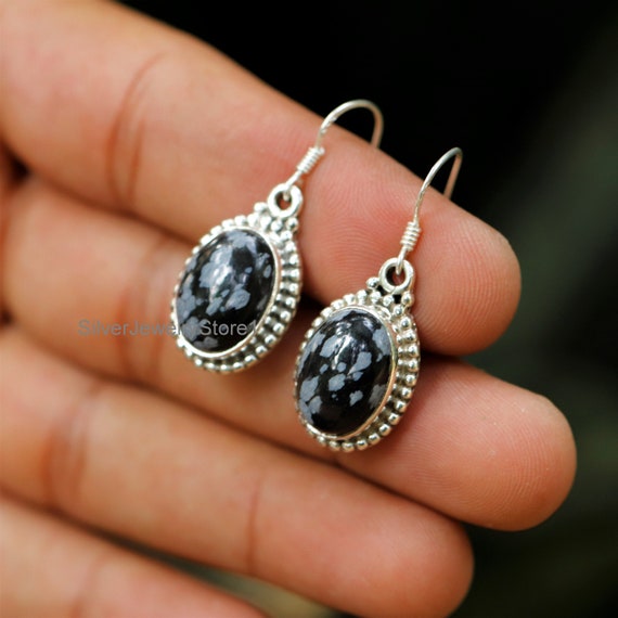 925 Sterling Silver Earrings, Smooth Snowflake Obsidian Earring, Natural Gemstone Earrings, Snowflake 10x14mm Oval Shape, Boho Earrings