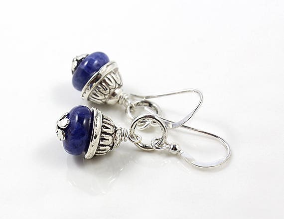Sodalite Earrings, Sterling Silver Earhooks, Blue Earrings, Navy Blue Earrings, Boho Earrings, Gift Under 20, Gift For Her, Blue Gemstone