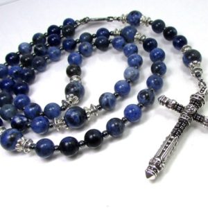 Shop Sodalite Jewelry! Blue Sodalite Handmade Rosary Necklace 5 decades, Rosary for Men / Women, Stainless Steel Cross Necklace for Men, Gemstone Rosary Necklace | Natural genuine Sodalite jewelry. Buy handcrafted artisan men's jewelry, gifts for men.  Unique handmade mens fashion accessories. #jewelry #beadedjewelry #beadedjewelry #shopping #gift #handmadejewelry #jewelry #affiliate #ad