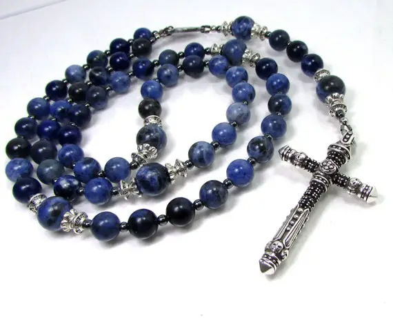 Blue Sodalite Handmade Rosary Necklace 5 Decades, Rosary For Men / Women, Stainless Steel Cross Necklace For Men, Gemstone Rosary Necklace