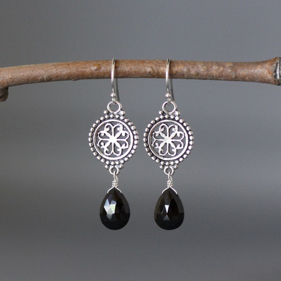Black Spinel Earrings - Black Dangle Earrings - Bali Silver Earrings - Black Gemstone Earrings - Silver Chandelier Earrings