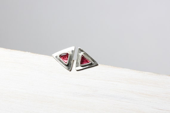 Cute Spinel Crystal Stud Earrings Geometric Mismatched Pink Red Raw Gemstone Silver Accessory Unique Gift Idea Ooak - Love Triangles