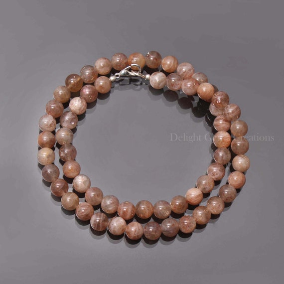 Natural Brown Sunstone Beaded Necklace, 8mm Sunstone Smooth Round Beads Necklace, Brown Sunstone Gemstone Necklace Jewelry, Women's Necklace