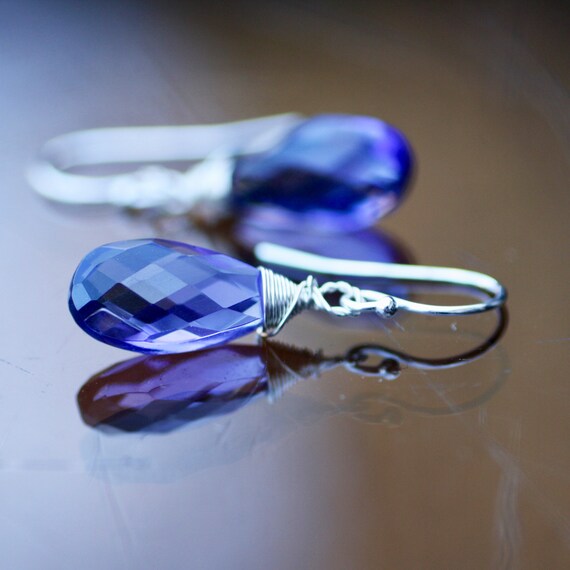 Lab Made Purple Tanzanite Earrings Sterling Silver 925 , Hooks , December Birthstone , Wire Wrapped