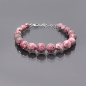 Rare Pink Thulite Bead Bracelet, 925 Sterling Silver Clasp, 8mm-13mm