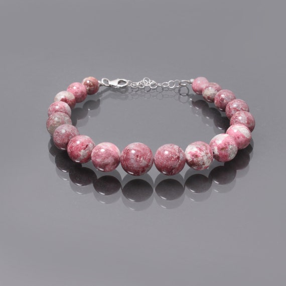 Rare Pink Thulite Bead Bracelet, 925 Sterling Silver Clasp, 8mm-13mm Rare Pink Thulite Bead Bracelet, 925 Sterling Silver Clasp, 8mm-13mm