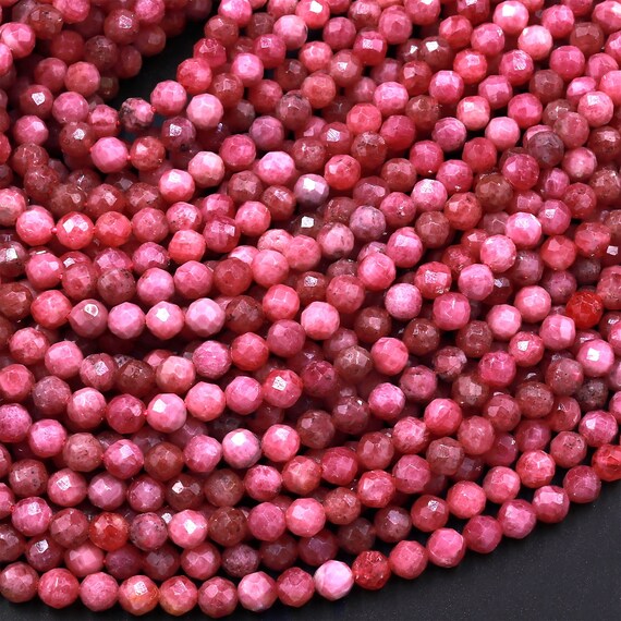 Micro Faceted Natural Pink Red Thulite 3mm 4mm Round Beads Diamond Cut Gemstone From Norway 15.5" Strand Micro Faceted Natural Pink Red Thulite 3mm 4mm Round Beads Diamond Cut Gemstone From Norway 15.5" Strand