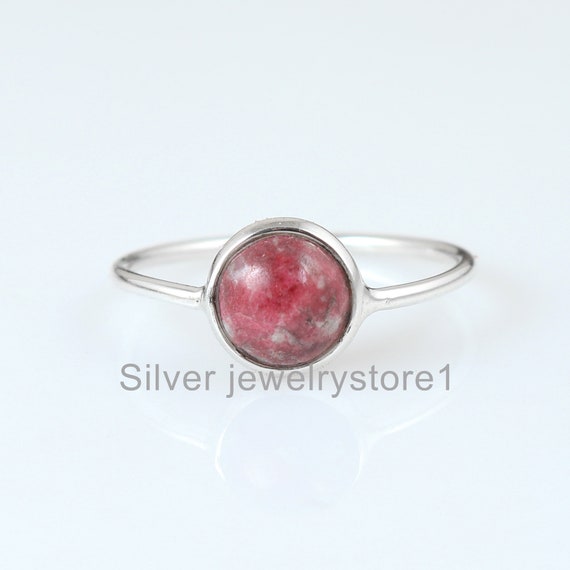 Minimalist Sterling Silver Thulite Ring: Round Cabochon Gemstone