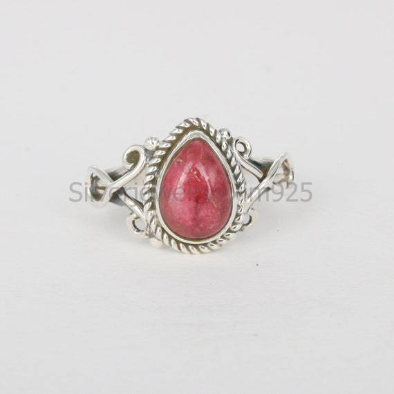 Natural Thulite Ring: Pear 925 Sterling Silver Statement Ring