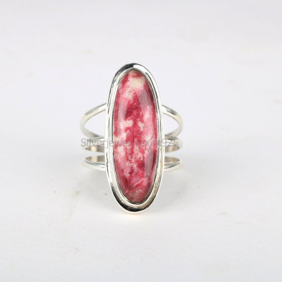 Natural Thulite Sterling Silver Ring: Boho Pink Gemstone Natural Thulite Sterling Silver Ring: Boho Pink Gemstone