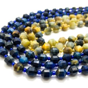 Shop Tiger Eye Faceted Beads! Natural Blue Golden Tiger Tiger's Eye Faceted Round 7mm x 8mm Double Terminated Points Energy Prism Cut Loose Gemstone Beads – PGS300 | Natural genuine faceted Tiger Eye beads for beading and jewelry making.  #jewelry #beads #beadedjewelry #diyjewelry #jewelrymaking #beadstore #beading #affiliate #ad