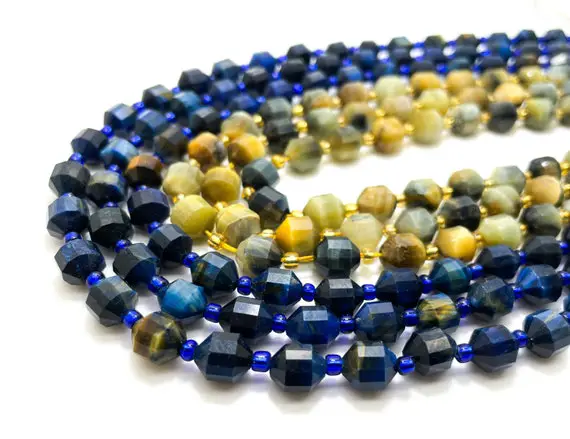 Natural Blue Golden Tiger Tiger's Eye Faceted Round 7mm X 8mm Double Terminated Points Energy Prism Cut Loose Gemstone Beads - Pgs300