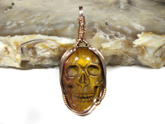 Hand-carved Tiger Eye Gemstone Skull Pendant Wire Wrapped In 14k Rose Gold Filled Wire