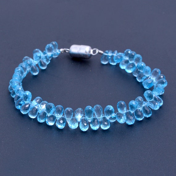 Natural Swiss Blue Topaz Beaded Bracelet, 4x7mm Swiss Blue Topaz Faceted Drops Bracelet, Aaa++ Topaz Beaded Jewelry, Teardrop Bracelet